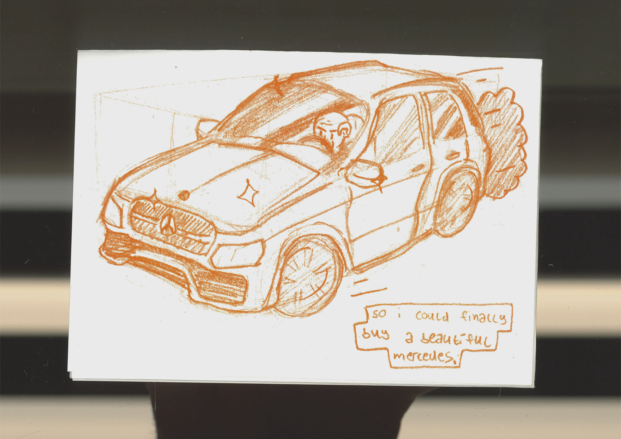 two-slide spread. a mercedes suv with sparkles, and johan behind the wheel, exhaust fumes. 