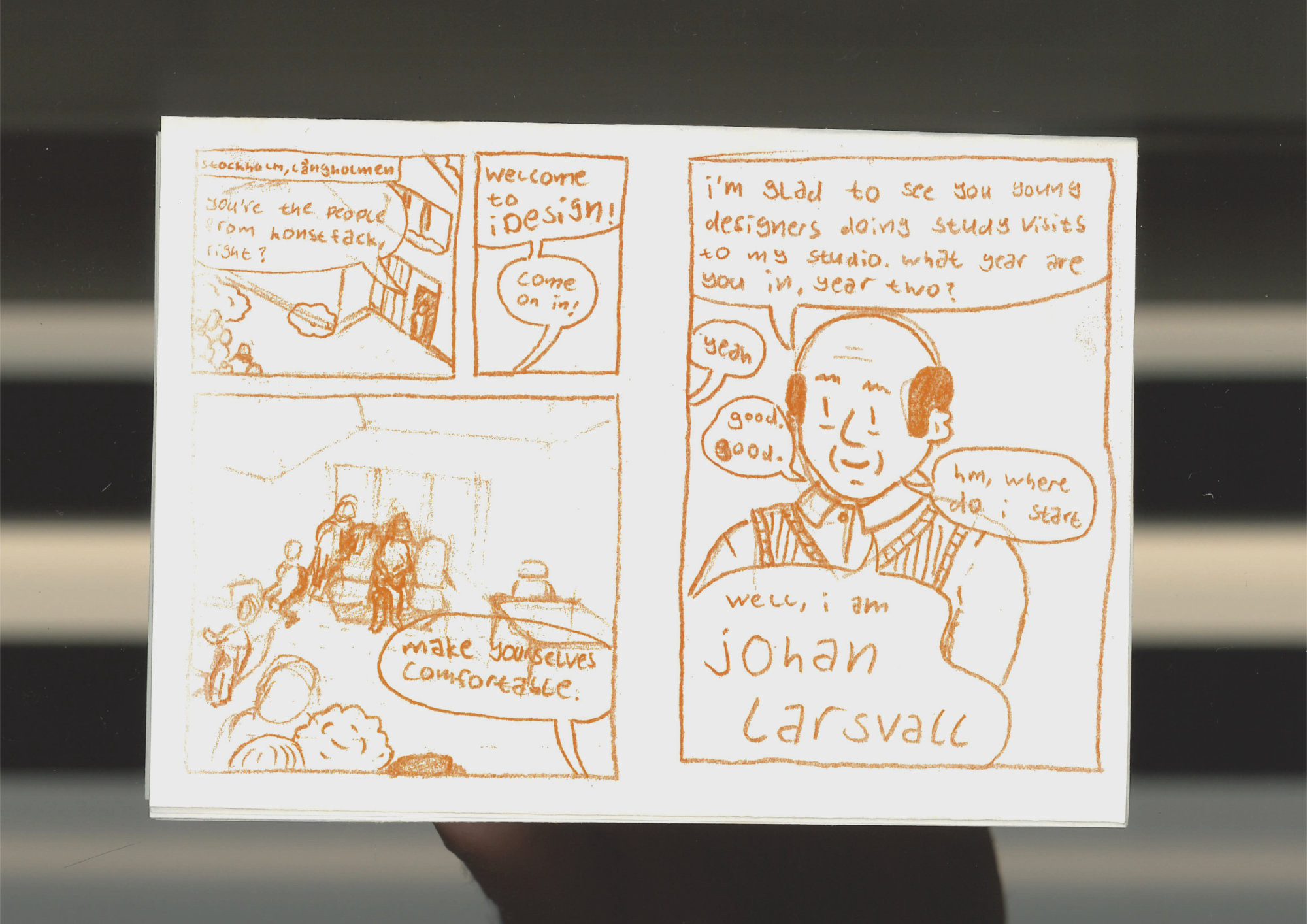 comic. stockholm, långholmen. group arrives at a building with a man standing in the door. he asks: 