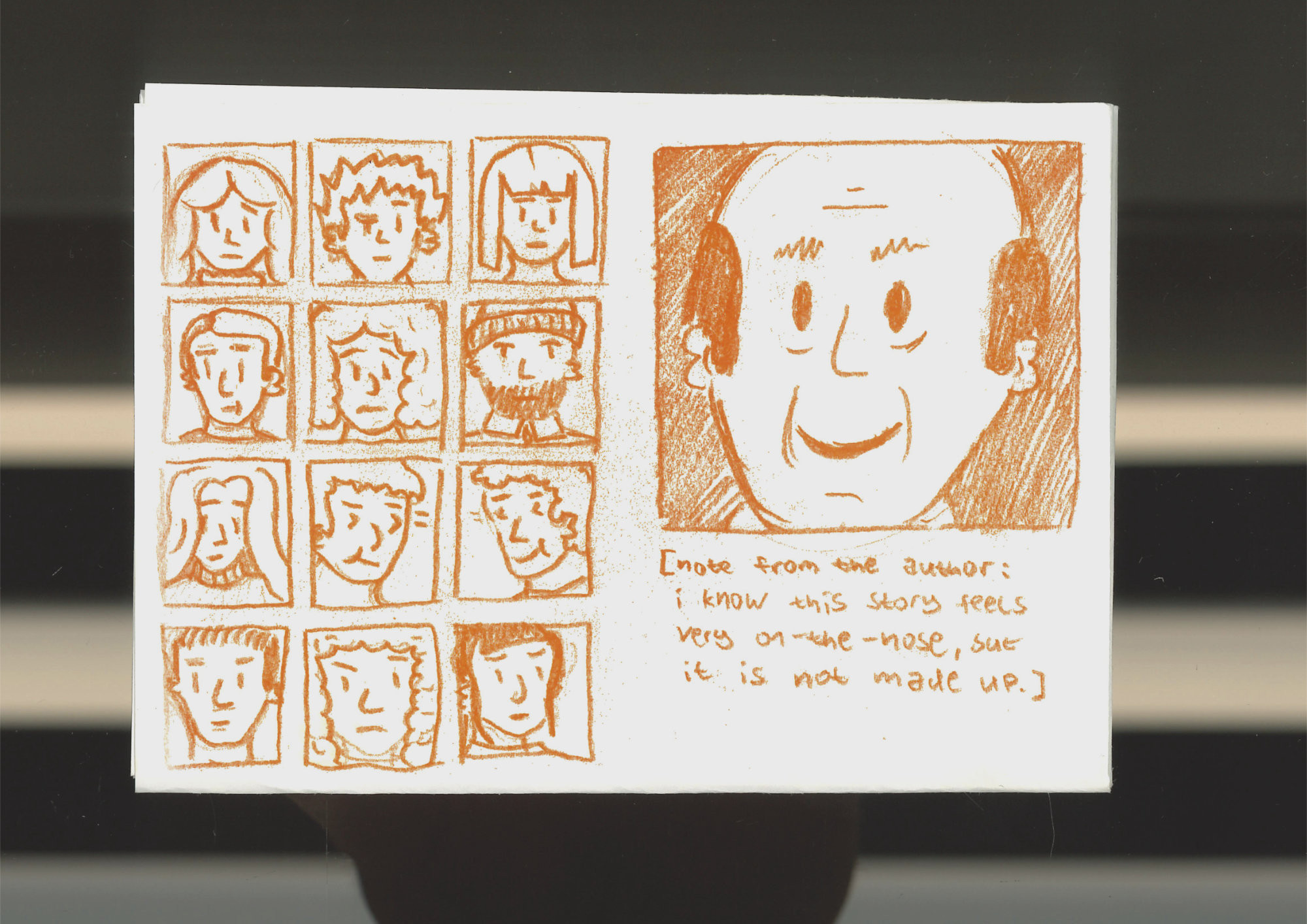 12 frames of students' faces looking surprised, confused, slightly shocked or angry, or grinning. big frame of johan's face with a big smile. bracketed text saying: 