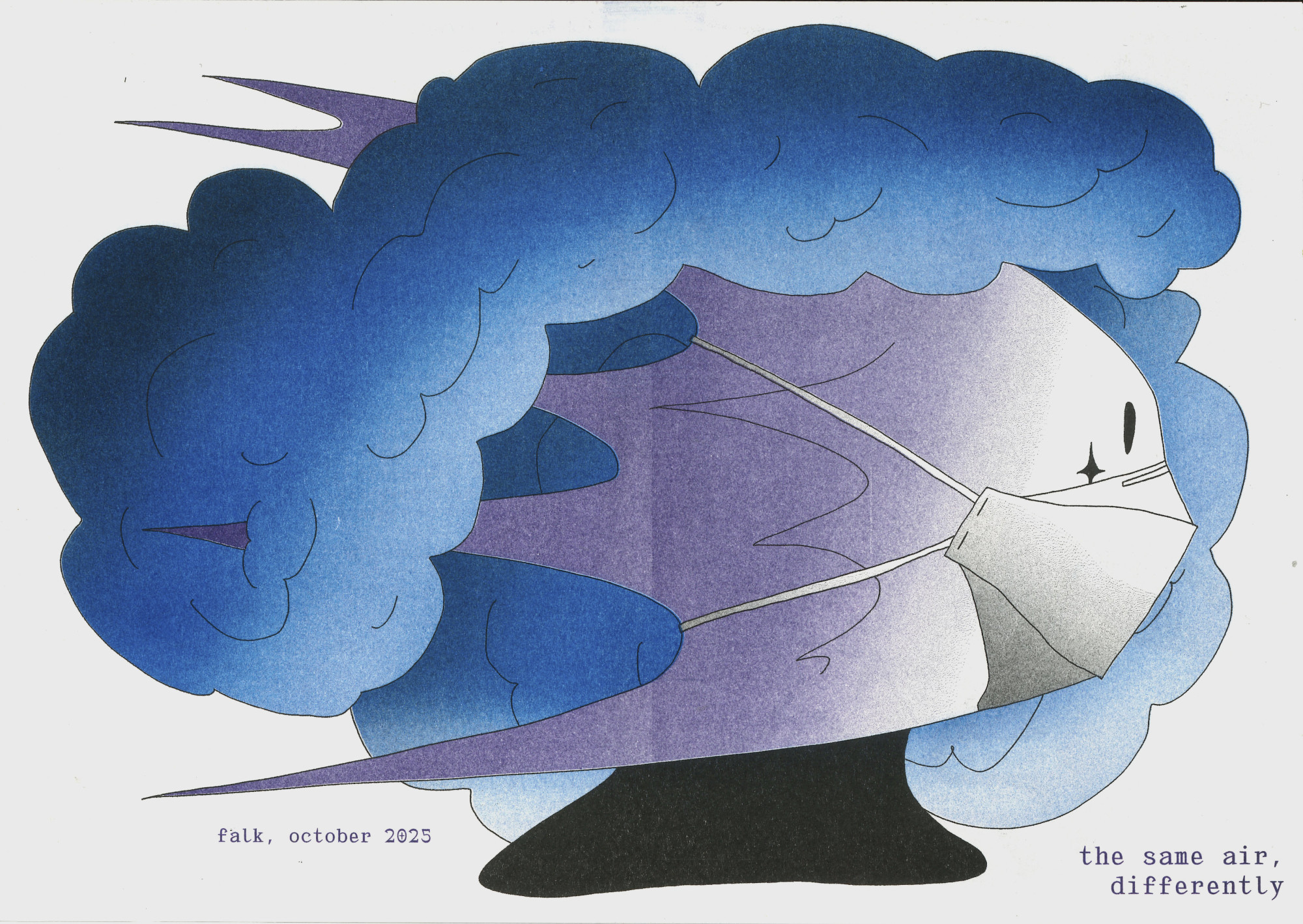 cover. an abstract face with a spiky head shape, wearing a covid mask is looking towards the right. a blue cloud surrounds them. the title of the comic reads: 